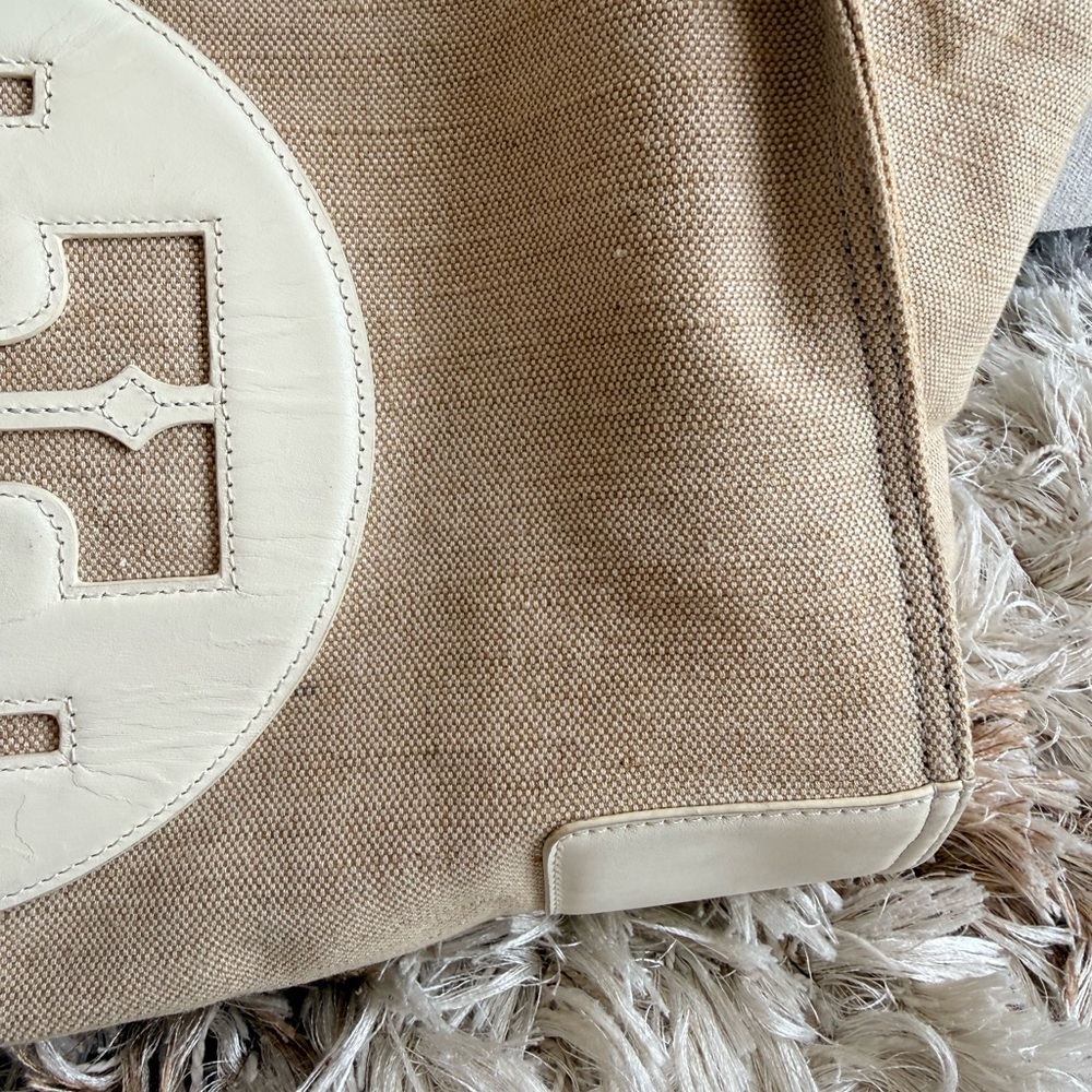 Large Tory Burch Beige Canvas Tote with Ivory Leather Trim and Logo - Picture 6 of 7